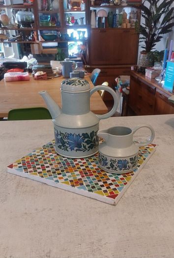Fabulous Vintage Midwinter Stonehenge Coffee Pot and Milk Jug in the Caprice Pattern (Spanish Garden) Designed by Jessie Tate, Excellent Condition