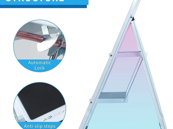 2 Step Ladder Folding Ladder, Portable With Anti-Slip Mat & Comfortable Soft Handgrip, Heavy Duty Steel - Easy to Store Ladders, 150KG Max Capacity (2 white) (SVSL04V1)