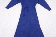 Monsoon Royal Blue Ribbed Knit Long Sleeve Tie Waist Fit &amp; Flare Midi Dress Size S