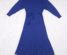 Monsoon Royal Blue Ribbed Knit Long Sleeve Tie Waist Fit & Flare Midi Dress Size S