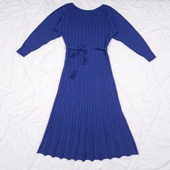 Monsoon Royal Blue Ribbed Knit Long Sleeve Tie Waist Fit & Flare Midi Dress Size S