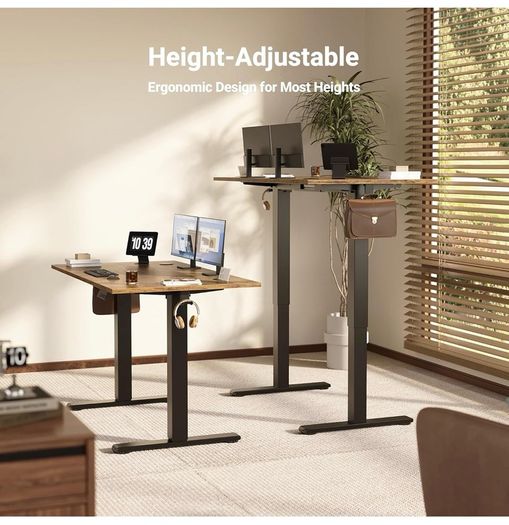 Electric Standing Desk 120x60cm Height Adjustable Desk with 3 Memory Presets & Sit Stand Reminder, Quiet Home Office Computer Desk with LED Display, Cable Holes & Hooks, Rustic Brown