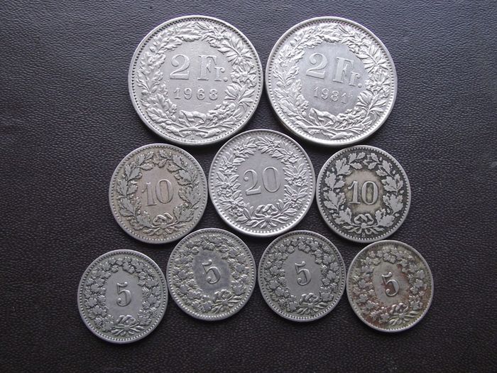 A Lot of 9 coins from Switzerland (1883-1981)