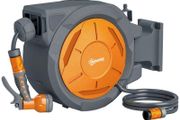 Retractable Hose Reel Wall Mounted, 30-2m Garden Hose Pipe Reel with Lock, Auto Rewind, 7 in 1 Spray Nozzle, Includes Wall Fixings, 180 Swivel, Outdoor Watering, 59 x 23 x 42 cm, Orange