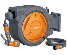 Retractable Hose Reel Wall Mounted, 30-2m Garden Hose Pipe Reel with Lock, Auto Rewind, 7 in 1 Spray Nozzle, Includes Wall Fixings, 180 Swivel, Outdoor Watering, 59 x 23 x 42 cm, Orange