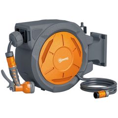 Retractable Hose Reel Wall Mounted, 30-2m Garden Hose Pipe Reel with Lock, Auto Rewind, 7 in 1 Spray Nozzle, Includes Wall Fixings, 180 Swivel, Outdoor Watering, 59 x 23 x 42 cm, Orange