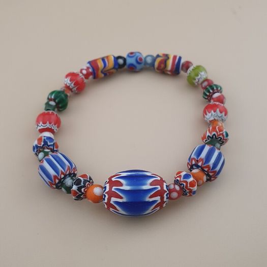 Vintage Venetian Style Chevorn & Mix Glass Trade Glass Beads Bracelet