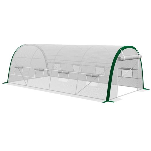 Garden Tunnel Greenhouse 18m 6L x 3W x 2H m - 8 Windows, Zippered Roll-Up Door, Galvanized Steel, PE Cover, White