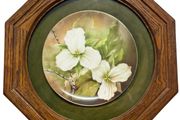 Vintage porcelain plate oak frame behind glass