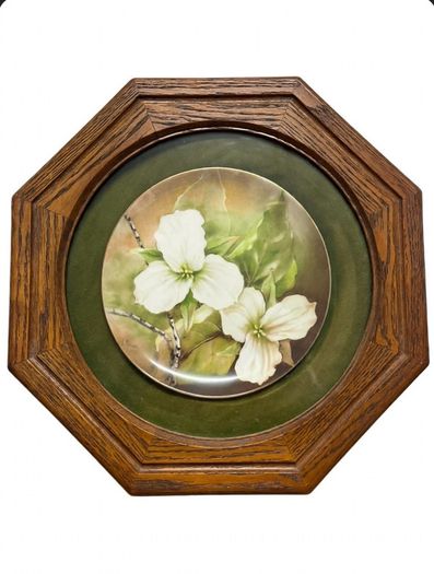 Vintage porcelain plate oak frame behind glass