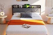 Floating King Metal Bed Frame with LED Lights &amp; USB Charging Station, 150x200cmMetal Platform Bed Frame with 5ft Upholstered Headboard Storage Heavy Duty Metal Slats, Noise Free,Black