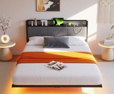 Floating King Metal Bed Frame with LED Lights & USB Charging Station, 150x200cmMetal Platform Bed Frame with 5ft Upholstered Headboard Storage Heavy Duty Metal Slats, Noise Free,Black