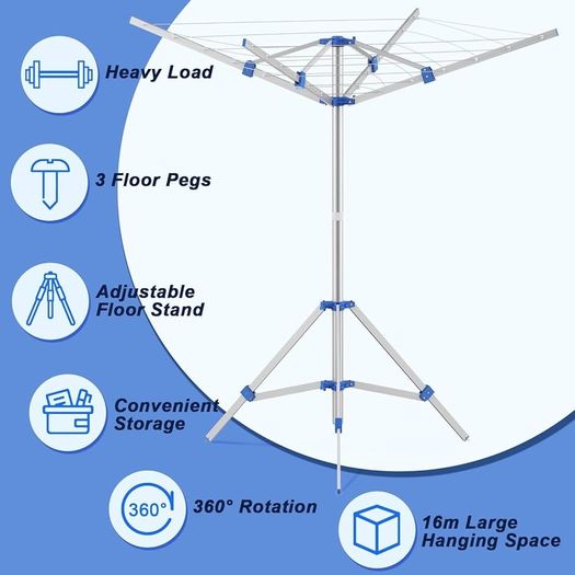 NEW SALE | Rotary Washing Line Foldable | 4 Arms 16M Large Drying Area | Free Standing Aluminium Camping Clothes Airer