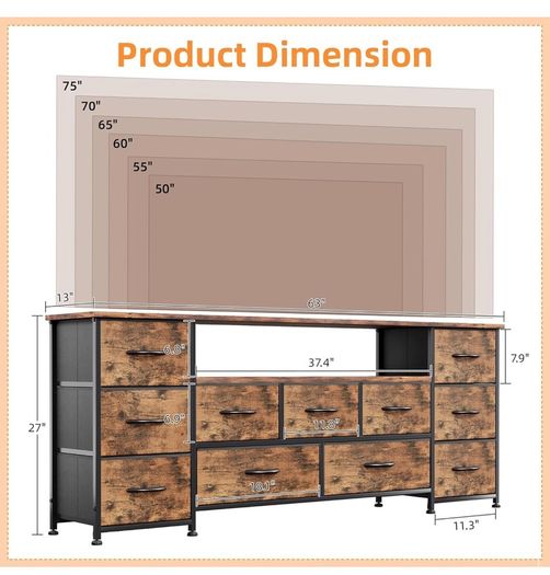 Tv Cabinet, Dresser for Bedroom with 11 Fabric Drawers, TV Stand with Power Socket for TVs up to 70 inch TV Units for Living Room, Bedroom, Rustic Brown