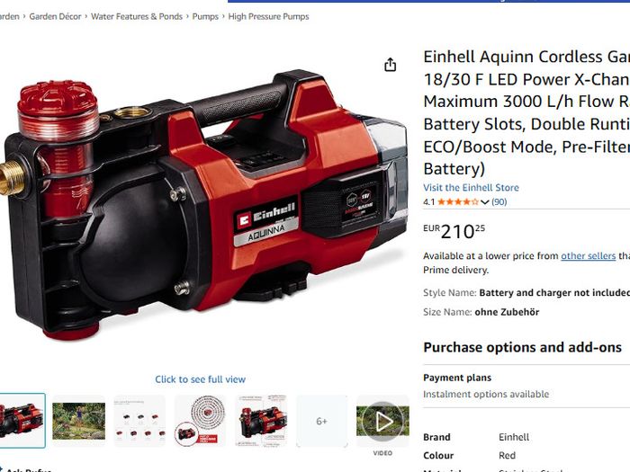 Einhell Aquinn Cordless Garden water Pump 18/30 F LED Power X-Change 18V Maximum 3000L/h Flow Rate