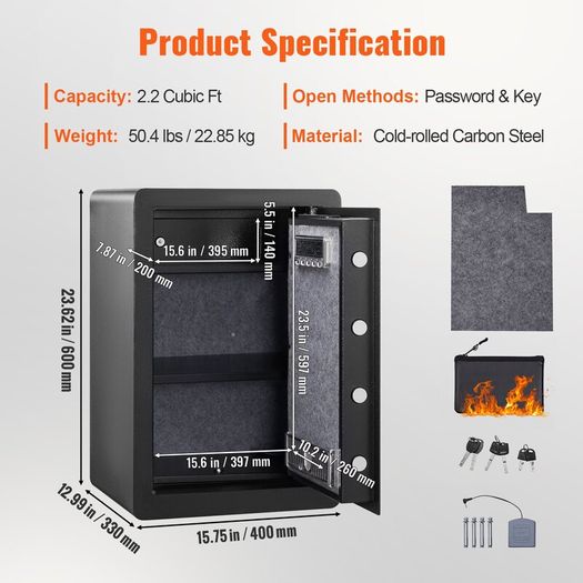 Safe, 2.2 Cubic Feet Home Safe, Steel Security Safe with Fingerprint, Digital Keypad and 2 Keys, Cabinet Safe with Large Fire-proof Bag, Protect Cash, Gold, Jewelry, Documents,