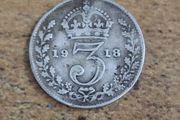 Great Britain UK 1918, 3 Pence / Threepence, George V, Silver Coin - free standard postage