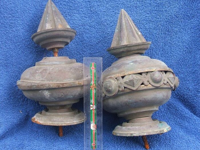 Two antique copper metal finials