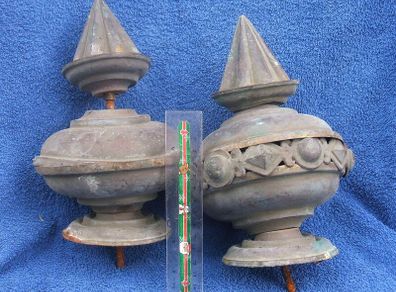 Two antique copper metal finials