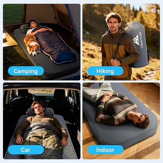 Self-Inflating Sleeping Pad, 4" Thick Camping Mattress with 9.5 R-Value, All Season Portable Foam Mat for Camping, Hiking, Tent & Car - Slate Grey, Single (203x71x10cm)