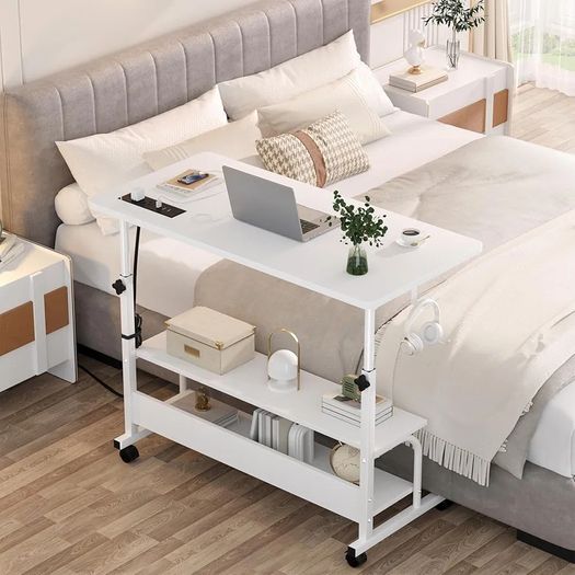 Mobile Standing Desk with Integrated UK Power Outlets & USB Ports, Height Adjustable (70-104cm) C-Shaped Rolling Laptop Table on Wheels for Home Office, Bedside, and Sofa, White