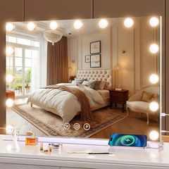 Hollywood Vanity Mirror with Lights, 58 x 48 cm Makeup Mirror with Lights, USB and Type-C Output Ports, 3 Color Modes, Smart Touch Control, Tabletop or Wall Mounted Mirror For Bedroom