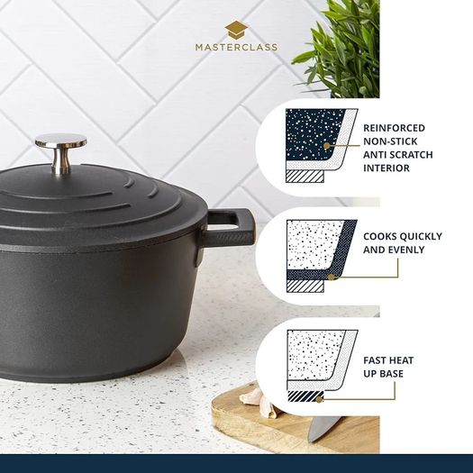 Casserole Dish With Lid, Medium 4L/24 cm, Lightweight Cast Aluminium, Induction Hob And Oven Safe, Black