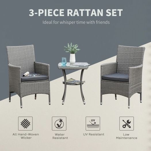 3PC Rattan Bistro Set 2 Armchair Glass Top Coffee Table Wicker Weave Furniture for Garden Outdoor Balcony Patio
