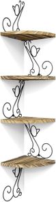 MULTIPLE COLOURS AVAILABLE Corner Shelf Wall Mount of 4 Tier Rustic Wood Floating Shelf Cat Shape Metal Stand for Bedroom Living Room Bathroom Kitchen Office and More Carbonized Black