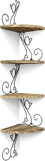 MULTIPLE COLOURS AVAILABLE Corner Shelf Wall Mount of 4 Tier Rustic Wood Floating Shelf Cat Shape Metal Stand for Bedroom Living Room Bathroom Kitchen Office and More Carbonized Black