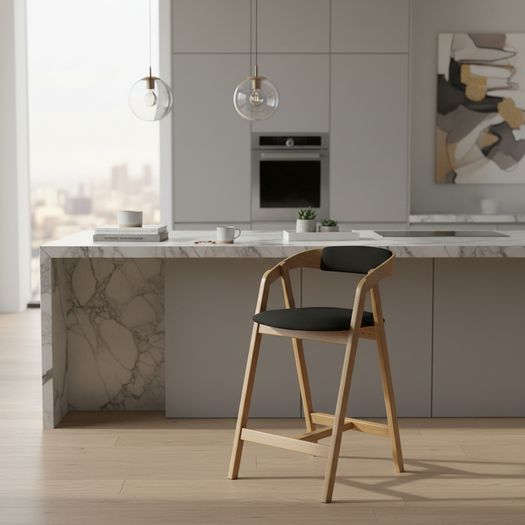 Nordic Oak Embrace Bar Stool with Curved Backrest and Armrests
