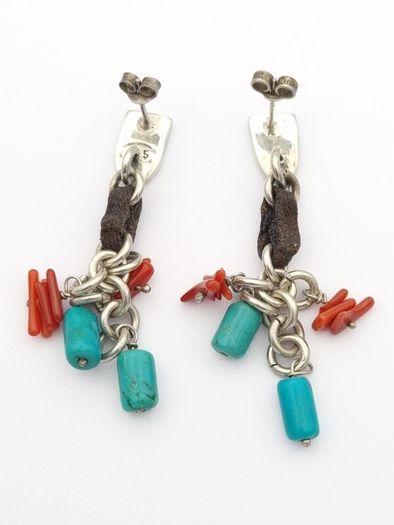 Vintage 925 Sterling Silver Turquoise & Carnelian Stud Earrings