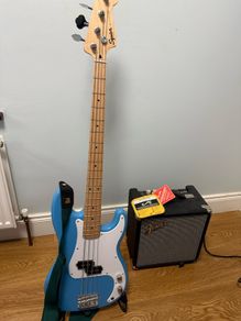 Squier P-Bass and Fender Rumble 15 Bass Amp
