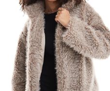 YAS fluffy short teddy jacket in beige