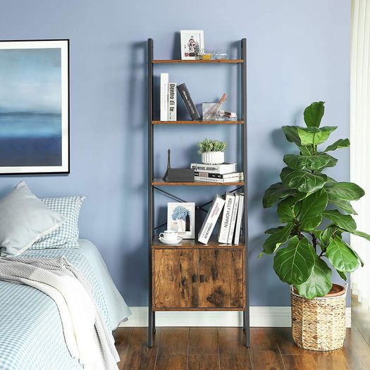 _Standing shelf, ladder shelf, bookcase with cupboard, living room shelf, 4 shelves, sturdy iron frame, bedroom, office, 56 x 34 x 173 cm, industrial design, vintage, dark brown