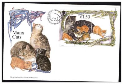 1996 Isle of Man Manx Cats Stamp Miniature Sheet on First Day Cover (FDC)