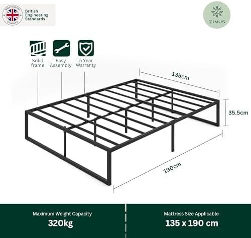 Double Bed Frame - 4ft6 (135 x 190 cm) - 14.2 Height - Metal Bed Base