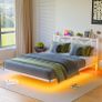 King Size Floating Bed Frame with LED Lights and Charging Station, Metal Platform Bed Frame King Size with Wooden Storage Headboard White and OAK Image 7
