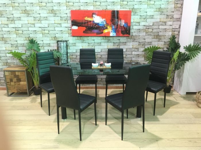 Modern Glass Dining Table Set Seats 6, black