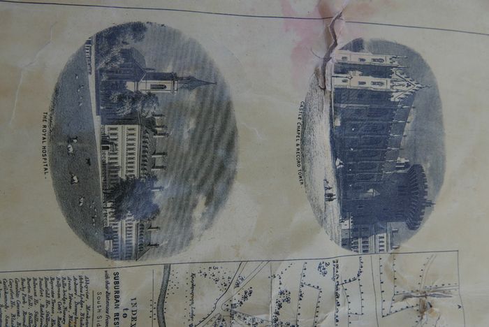 Antique DUBLIN. Map of Dublin & Suburbs with 22 vignettes of Dublin landmarks. Published by Edward Heffernan, 1st June, 1868, 12 Charleville Road, Rathmines. 28" x 22,5". Linen backed. Frayed at edges