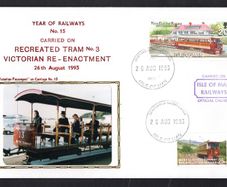 1993 Isle of Man Cover showing Year of Railways No 15 Carried on Recreated Tram No 3 Victorian Reenactment tying 20p commemorative Stamp and local 25 Manx Railway stamp