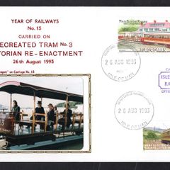 1993 Isle of Man Cover showing Year of Railways No 15 Carried on Recreated Tram No 3 Victorian Reenactment tying 20p commemorative Stamp and local 25 Manx Railway stamp