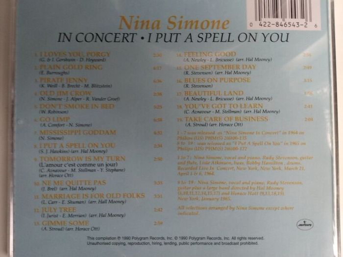 Nina Simone - In Concert / I Put A Spell On You CD (1990) 2 on 1 CD EX+ Out Of Print