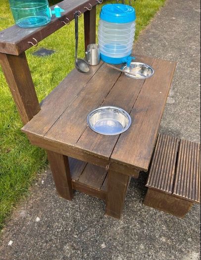 Hand made solid timber mud kitchen with stool with accessories