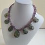 Stunning Hand-Beaded Short Necklace with Fabulous Graduated Ruby in Fuchsite Faceted Teardrop Beads and Amethyst Chips - Handmade by Christabel Image 6