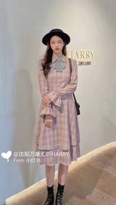 DHARRY pink plaid long sleeve midi dress