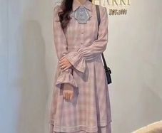 DHARRY pink plaid long sleeve midi dress