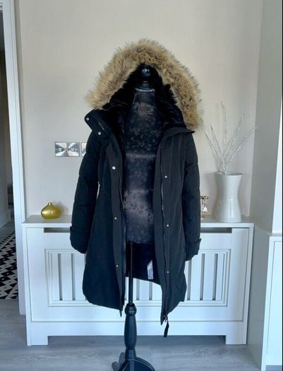 Black Hooded Long Winter Coat from Zara. Size Small UK 8 / EU 36