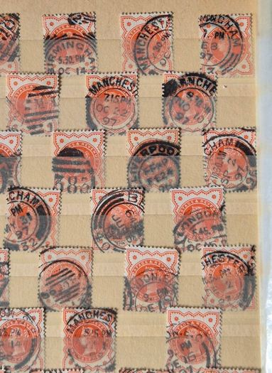 Great Britain Queen Victoria 1887. Jubilee Issue Bulk Study Lot. 72 Used Stamps on Stock Pages, 1/2d Vermilion and 2 1/2d Purple, Blue.