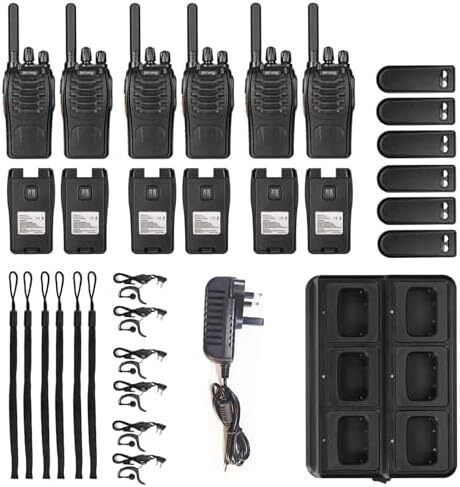 Talkies Long Range 2 Way Radio pofung  License Free Walkie Talkie for Adults Rechargeable with 6 Way Charger Earpieces VOX Flashlight for Warehouse Security Church (Black 6 Pack)